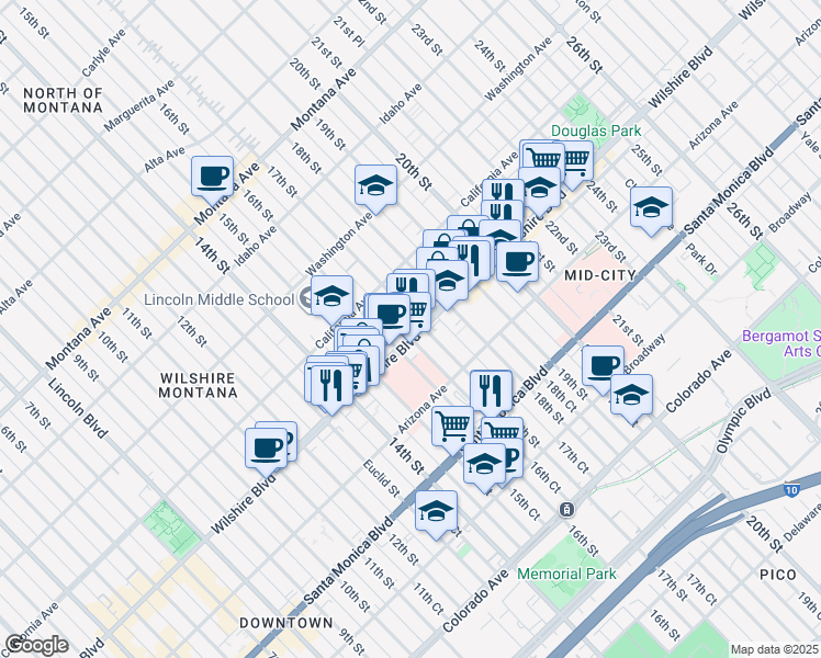 map of restaurants, bars, coffee shops, grocery stores, and more near 1621 Wilshire Boulevard in Santa Monica
