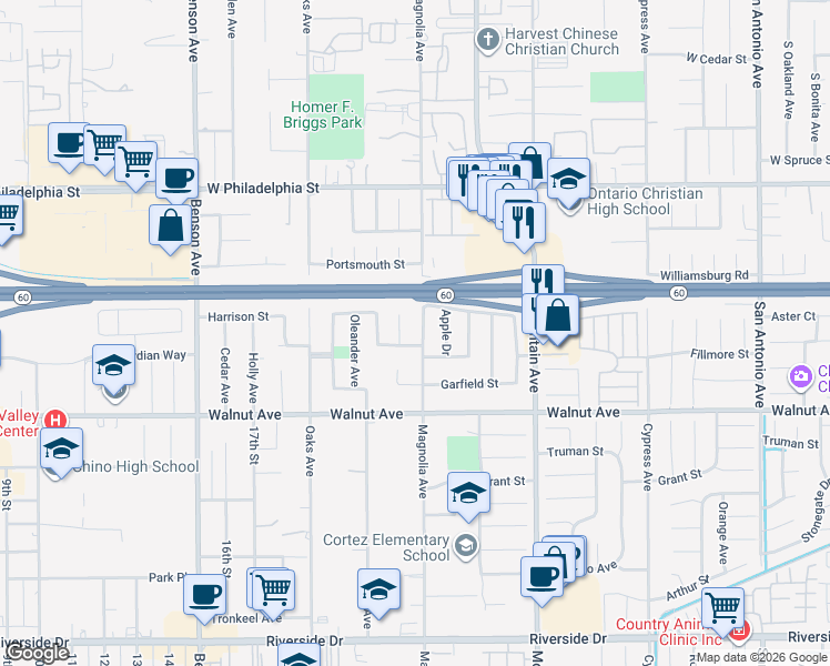 map of restaurants, bars, coffee shops, grocery stores, and more near 12368 Magnolia Avenue in Chino