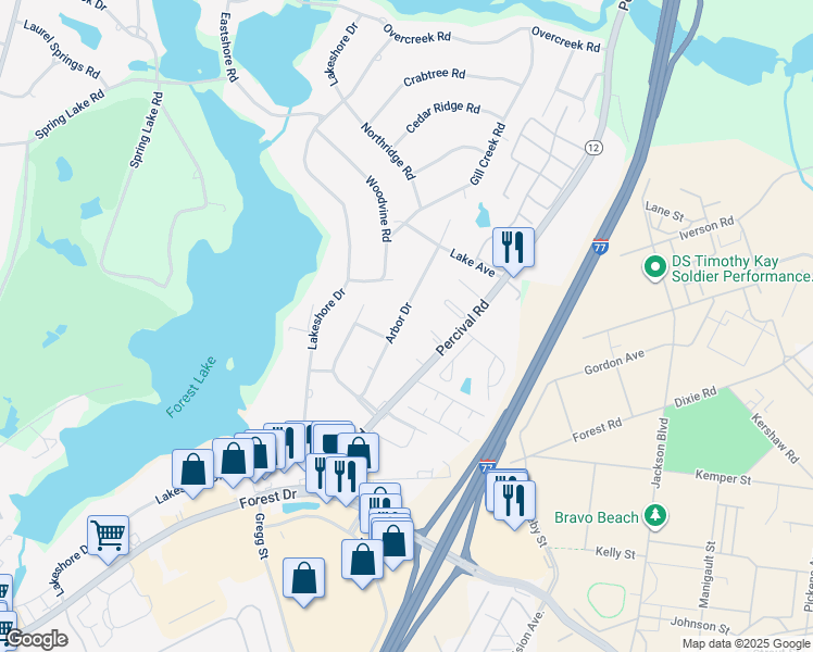 map of restaurants, bars, coffee shops, grocery stores, and more near 308 Arbor Drive in Columbia