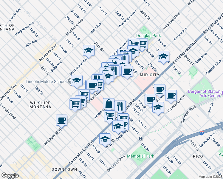 map of restaurants, bars, coffee shops, grocery stores, and more near 1228 18th Street in Santa Monica