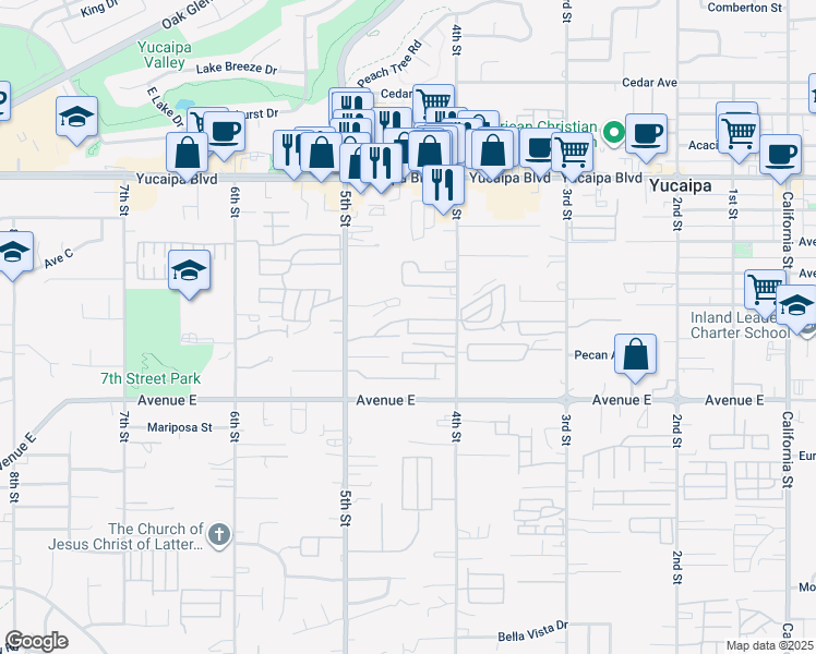 map of restaurants, bars, coffee shops, grocery stores, and more near 12414 4th Street in Yucaipa