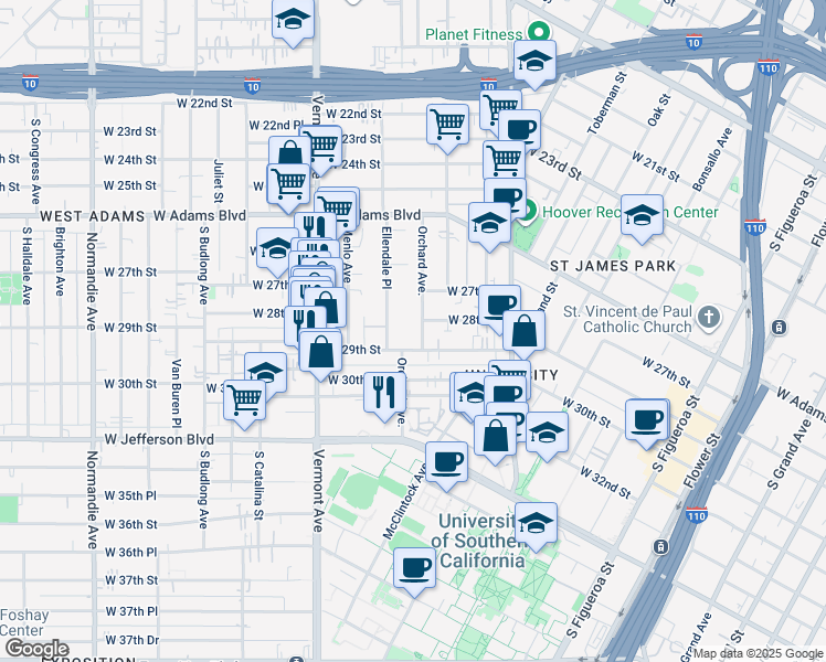 map of restaurants, bars, coffee shops, grocery stores, and more near 2814 Ellendale Place in Los Angeles