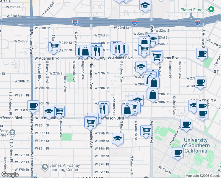 map of restaurants, bars, coffee shops, grocery stores, and more near 1588 West 29th Street in Los Angeles