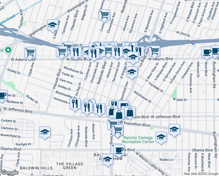 map of restaurants, bars, coffee shops, grocery stores, and more near 2823 South Sycamore Avenue in Los Angeles