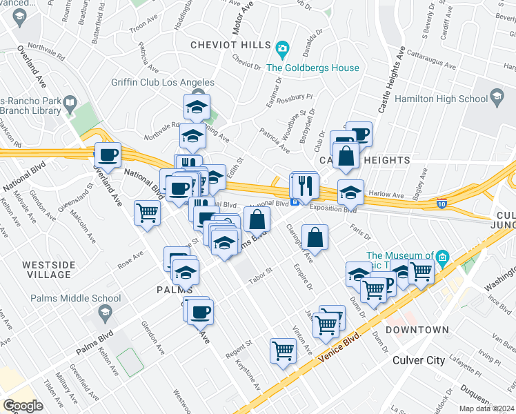 map of restaurants, bars, coffee shops, grocery stores, and more near 10150 National Boulevard in Los Angeles