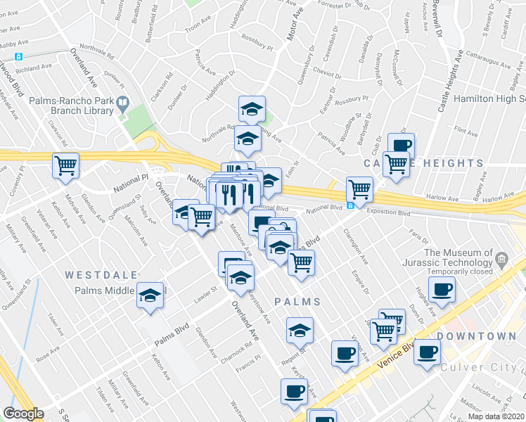 map of restaurants, bars, coffee shops, grocery stores, and more near 3328 Motor Avenue in Los Angeles