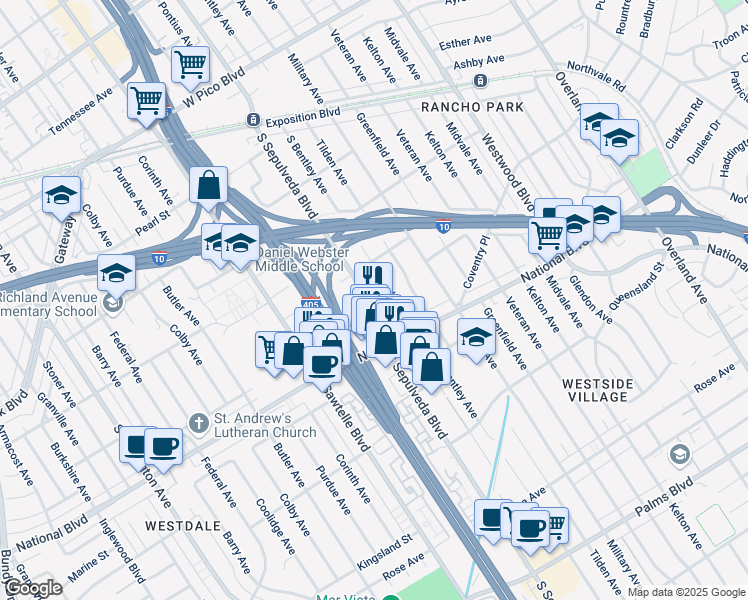 map of restaurants, bars, coffee shops, grocery stores, and more near 2840 South Sepulveda Boulevard in Los Angeles