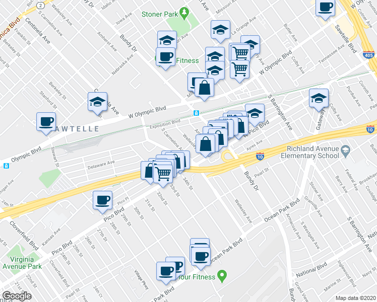 map of restaurants, bars, coffee shops, grocery stores, and more near in Los Angeles