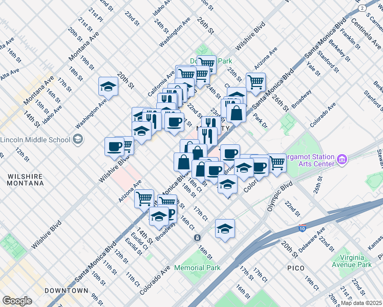 map of restaurants, bars, coffee shops, grocery stores, and more near 1360 20th Street in Santa Monica
