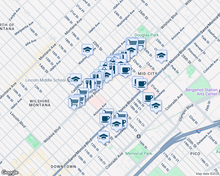 map of restaurants, bars, coffee shops, grocery stores, and more near 1714 Wilshire Boulevard in Santa Monica
