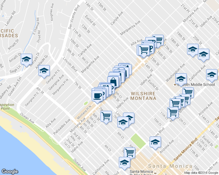 map of restaurants, bars, coffee shops, grocery stores, and more near 729 9th Street in Santa Monica