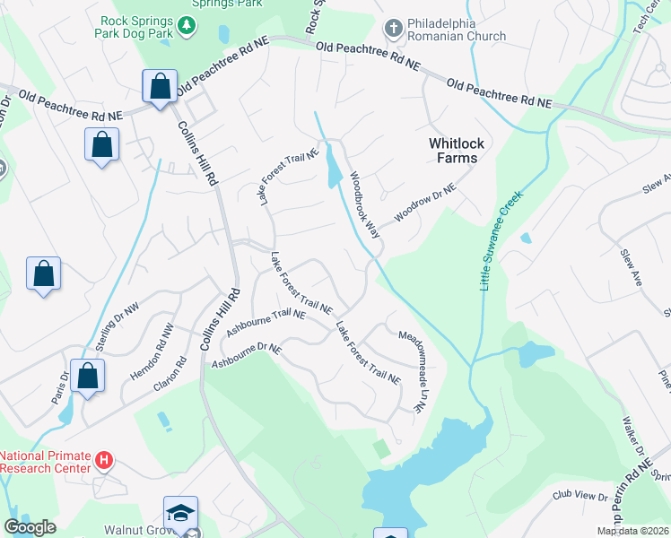 map of restaurants, bars, coffee shops, grocery stores, and more near 2617 Forest Meadow Lane in Lawrenceville