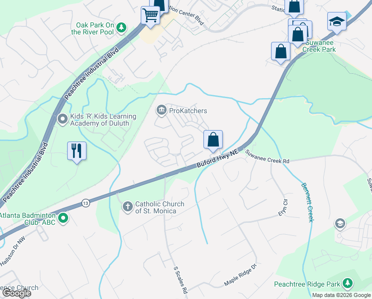 map of restaurants, bars, coffee shops, grocery stores, and more near 3669 Baxley Ridge Drive in Suwanee