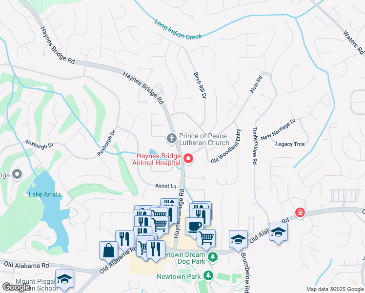 map of restaurants, bars, coffee shops, grocery stores, and more near 10145 Rillridge Court in Alpharetta