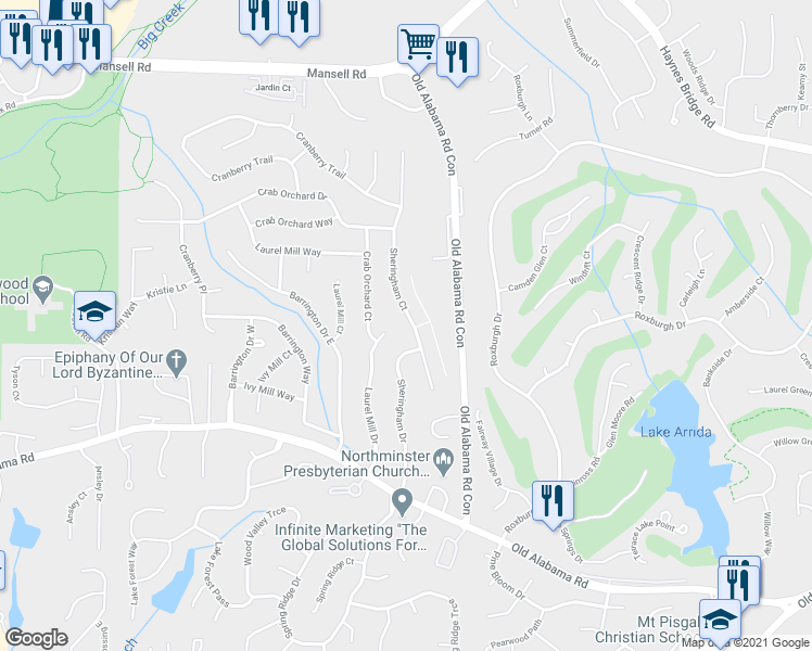 map of restaurants, bars, coffee shops, grocery stores, and more near 845 Laurel Mill Drive in Roswell