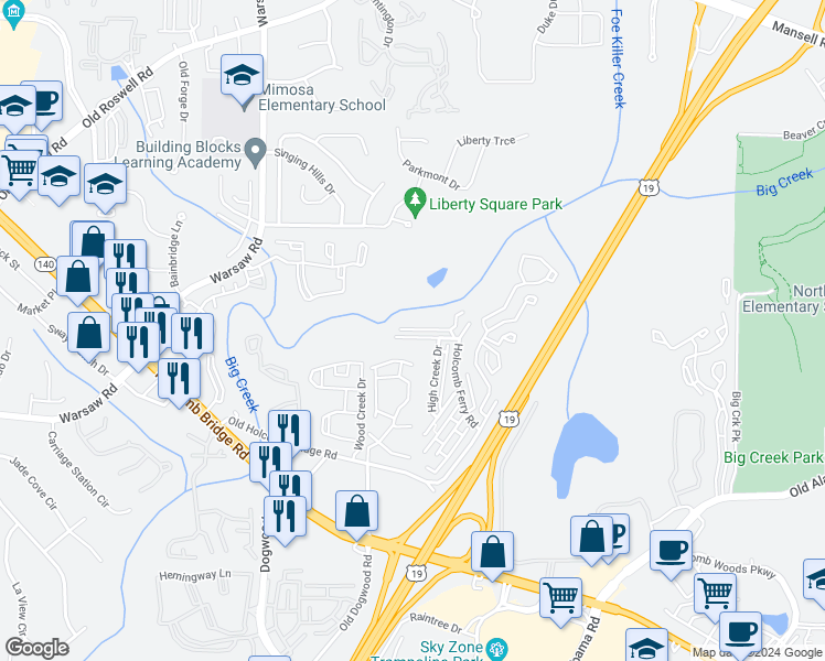map of restaurants, bars, coffee shops, grocery stores, and more near 446 High Creek Trce in Roswell