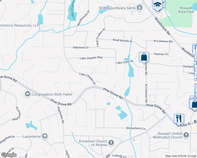 map of restaurants, bars, coffee shops, grocery stores, and more near 1025 Carmichle Court in Roswell