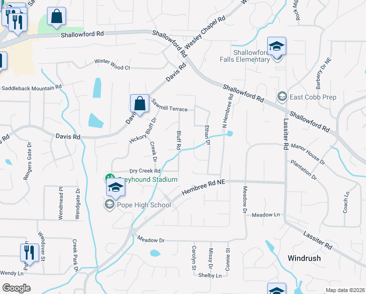map of restaurants, bars, coffee shops, grocery stores, and more near 3265 Hembree Court in Marietta