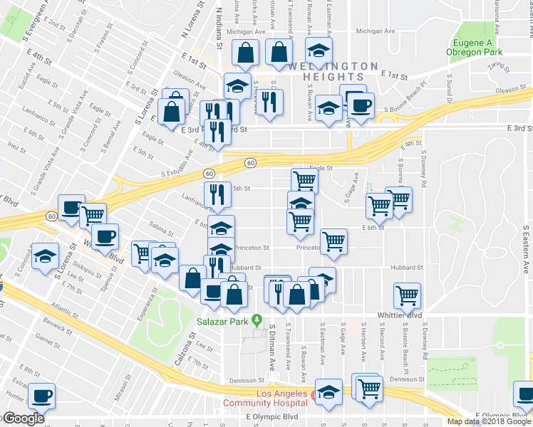 map of restaurants, bars, coffee shops, grocery stores, and more near 543 South Ditman Avenue in Los Angeles