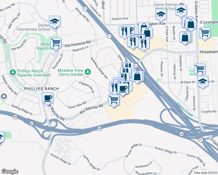 map of restaurants, bars, coffee shops, grocery stores, and more near 19 Black Oak Drive in Pomona