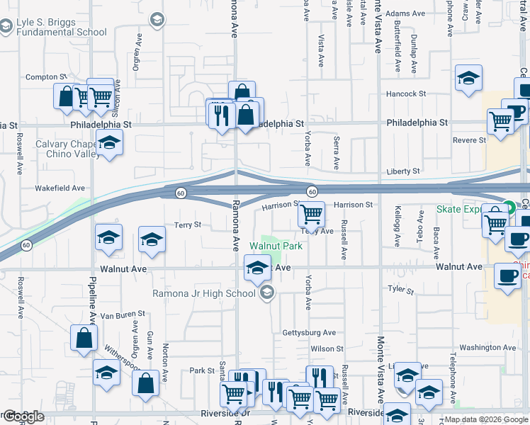map of restaurants, bars, coffee shops, grocery stores, and more near 4575 Harrison St in Chino