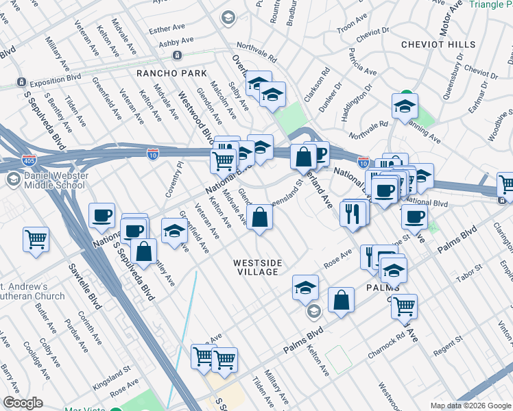 map of restaurants, bars, coffee shops, grocery stores, and more near 3230 Kelton Avenue in Los Angeles