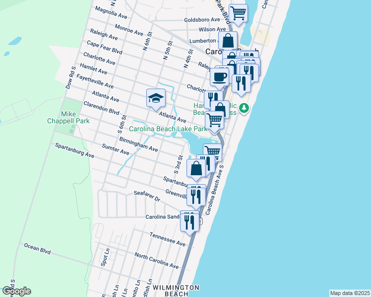 map of restaurants, bars, coffee shops, grocery stores, and more near 605 South 3rd Street in Carolina Beach