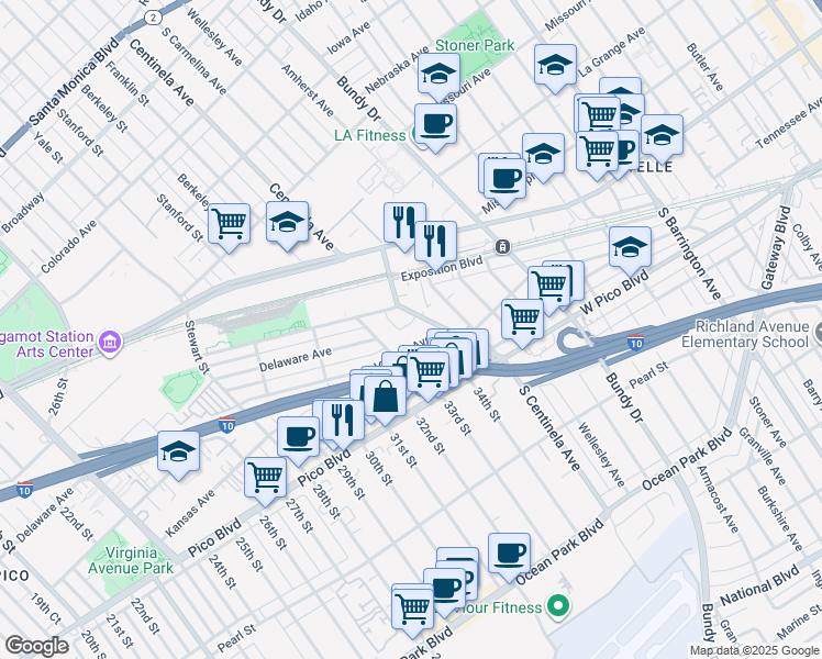 map of restaurants, bars, coffee shops, grocery stores, and more near 3336 Delaware Avenue in Santa Monica