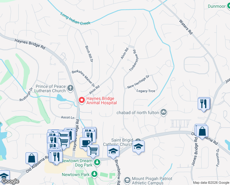 map of restaurants, bars, coffee shops, grocery stores, and more near 10225 Piney Ridge Walk in Alpharetta