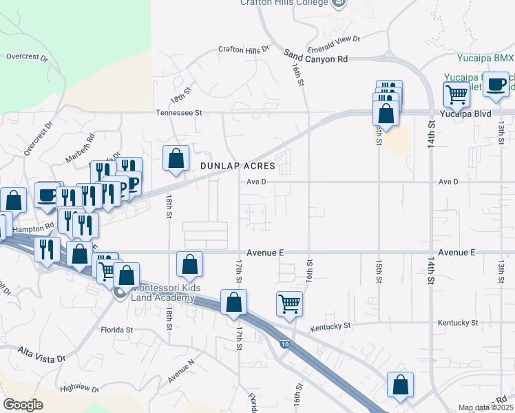 map of restaurants, bars, coffee shops, grocery stores, and more near 31961 Chagall Way in Yucaipa