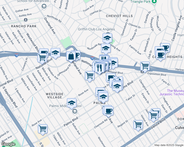 map of restaurants, bars, coffee shops, grocery stores, and more near 10480 National Boulevard in Los Angeles