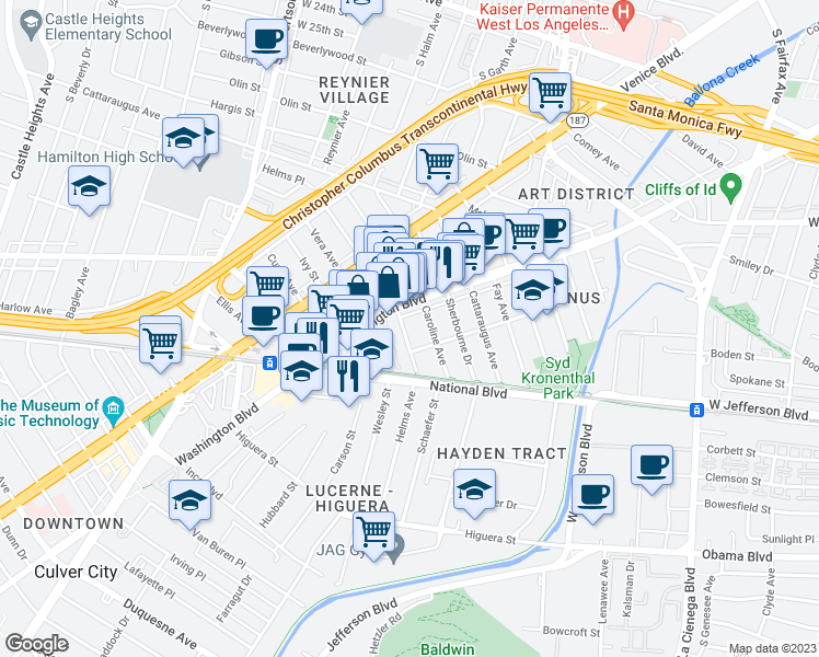 map of restaurants, bars, coffee shops, grocery stores, and more near 3328 Helms Avenue in Culver City