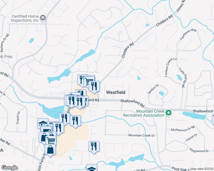 map of restaurants, bars, coffee shops, grocery stores, and more near 3286 Yorktown Drive in Roswell