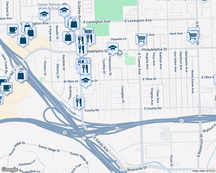 map of restaurants, bars, coffee shops, grocery stores, and more near 383 Orchid Lane in Pomona