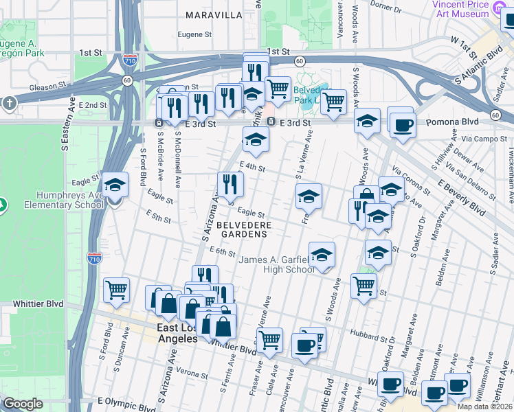 map of restaurants, bars, coffee shops, grocery stores, and more near 468 South Fetterly Avenue in East Los Angeles