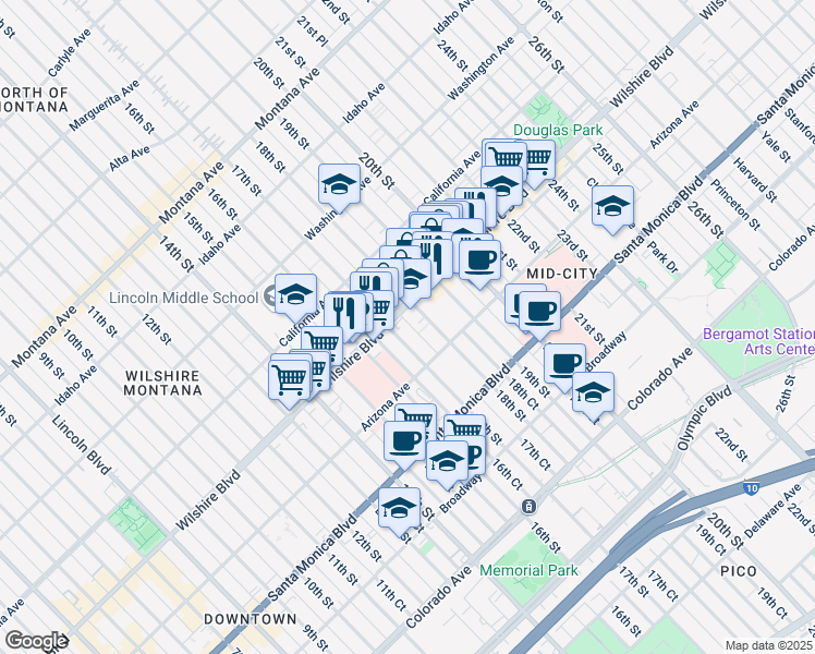 map of restaurants, bars, coffee shops, grocery stores, and more near 1714 Wilshire Boulevard in Santa Monica