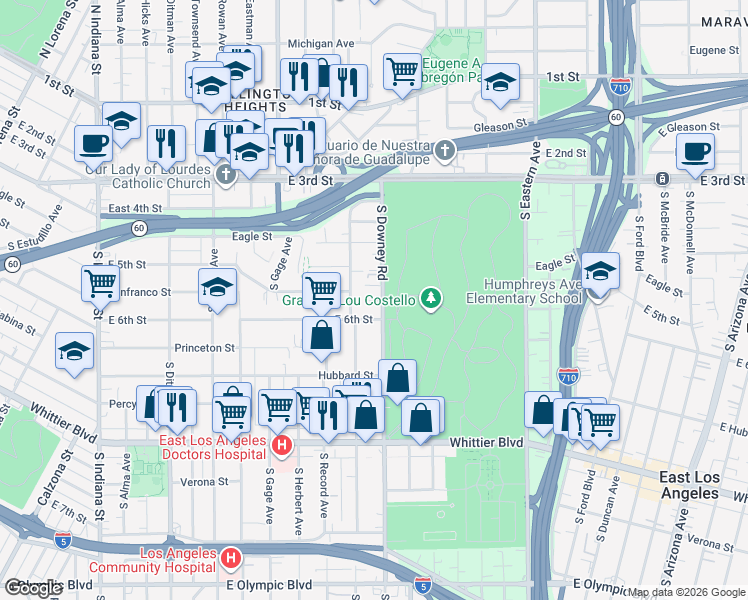 map of restaurants, bars, coffee shops, grocery stores, and more near 519 S Downey Rd in Los Angeles