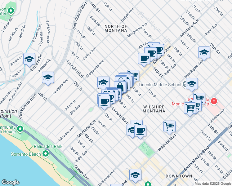 map of restaurants, bars, coffee shops, grocery stores, and more near 725 9th Street in Santa Monica