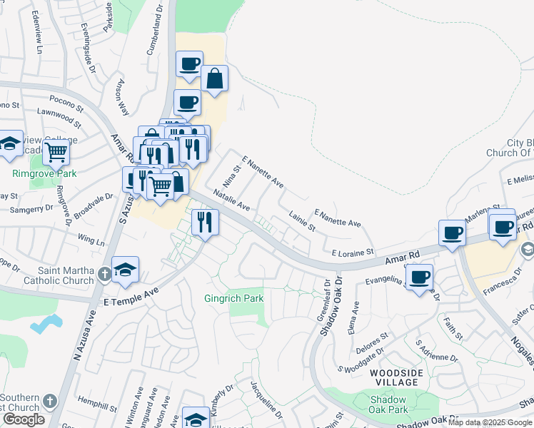 map of restaurants, bars, coffee shops, grocery stores, and more near 1901 Amar Road in West Covina