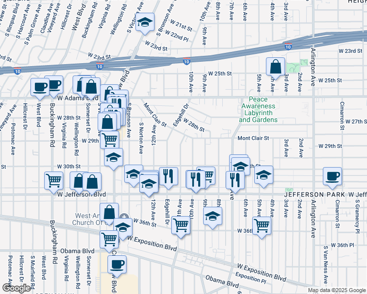 map of restaurants, bars, coffee shops, grocery stores, and more near 2928 11th Avenue in Los Angeles