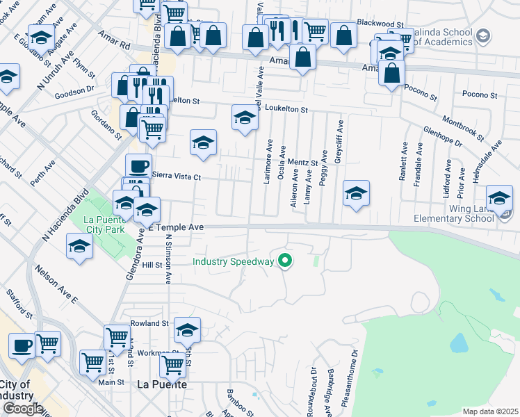 map of restaurants, bars, coffee shops, grocery stores, and more near 629 Larimore Avenue in La Puente