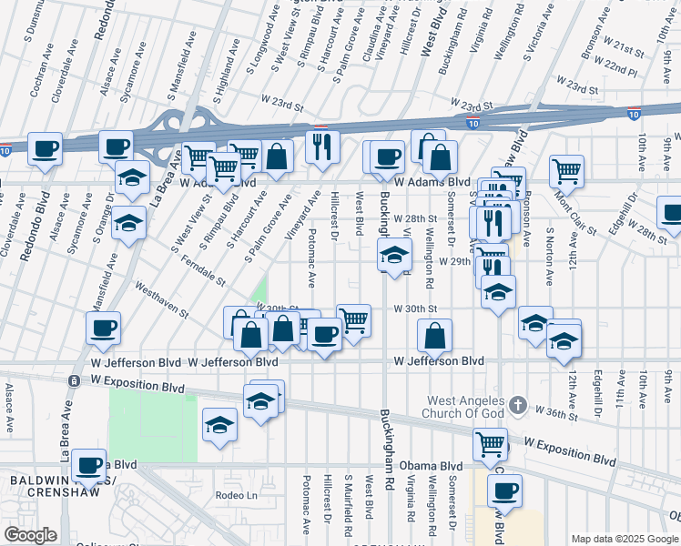 map of restaurants, bars, coffee shops, grocery stores, and more near 2912 Hillcrest Drive in Los Angeles
