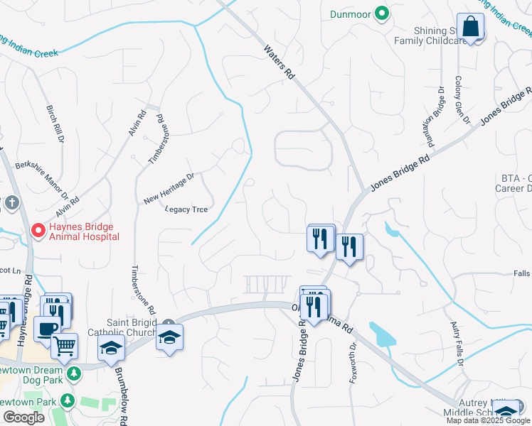map of restaurants, bars, coffee shops, grocery stores, and more near 3530 Jones Ferry Lane in Alpharetta
