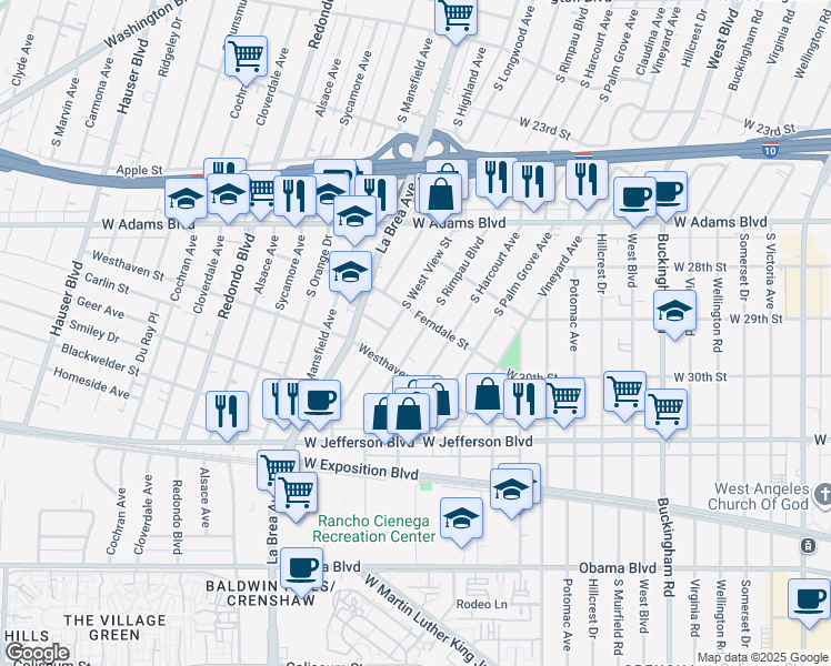 map of restaurants, bars, coffee shops, grocery stores, and more near 2815 South Rimpau Boulevard in Los Angeles