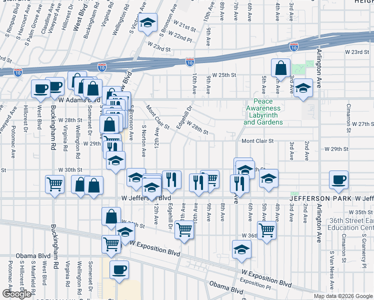 map of restaurants, bars, coffee shops, grocery stores, and more near 2928 11th Avenue in Los Angeles