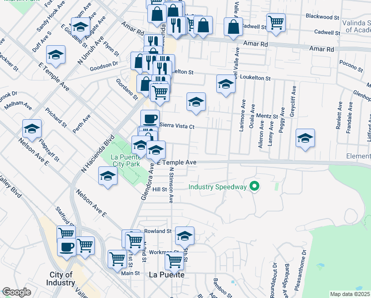 map of restaurants, bars, coffee shops, grocery stores, and more near 633 N 5th St in La Puente