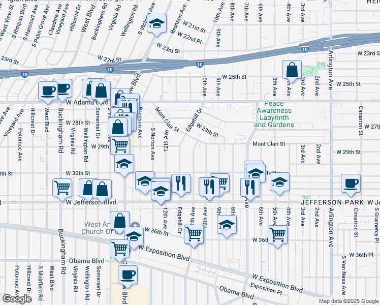map of restaurants, bars, coffee shops, grocery stores, and more near 2928 11th Avenue in Los Angeles