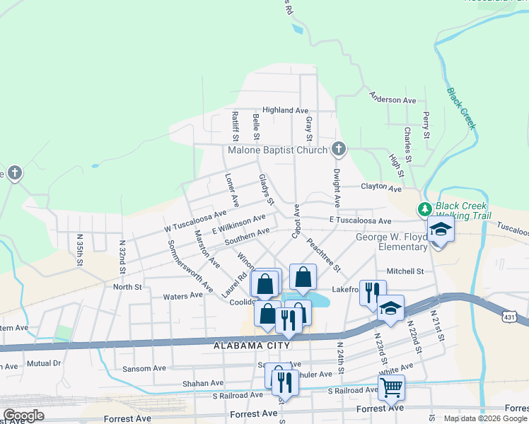 map of restaurants, bars, coffee shops, grocery stores, and more near 4 East Wilkinson Avenue in Gadsden