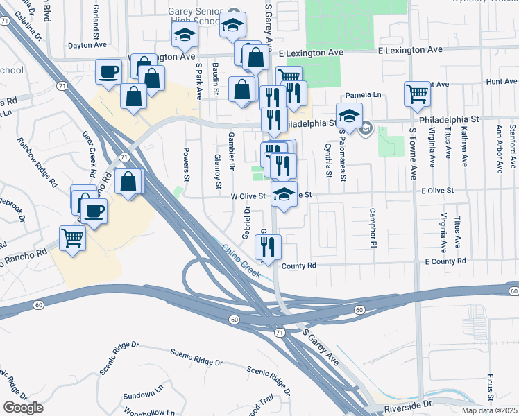 map of restaurants, bars, coffee shops, grocery stores, and more near 117 Owens Lane in Pomona