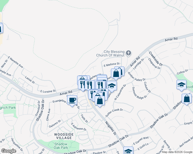 map of restaurants, bars, coffee shops, grocery stores, and more near 2622 East Marlena Street in West Covina